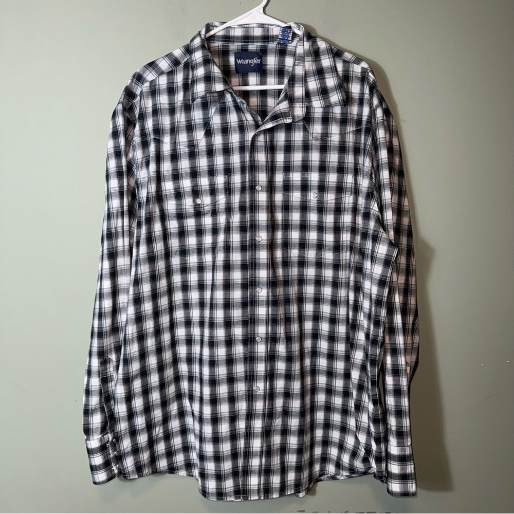 Wrangler Men’s‎ Long Sleeve Black and White Plaid Pearl Snap Shirt XXL